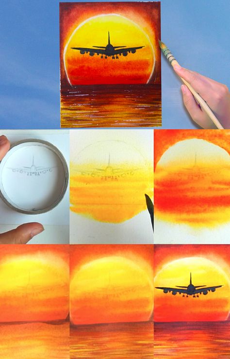 How to draw Watercolor airplane in the sunset landscape step by step tutorial for beginner Watercolour Airplane, Landscape Step By Step, Sunset Paint, Airplane Painting, Draw Watercolor, Landscape Steps, Sunset Canvas Painting, Mini Watercolor, Sunset Painting Acrylic