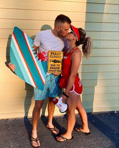 Lifeguard Family Costume, Couples Lifeguard Costumes, Halloween Pool Party Costumes, Life Guard Costume Couple, Shark Couple Costume, Shark And Lifeguard Costume Couple, Lifeguard And Shark Costume, Surfer Costume Spirit Week, Lifeguard Couple Costume