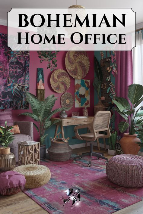 Create a dramatic home office by embracing a romantic boho aesthetic. Choose a bohemian color palette with vibrant hues and rich textures. Incorporate boho chic decor and dramatic elements like bold lighting and unique vintage pieces for a moody, yet stylish feminine home office that stands out and inspires creativity. #bohohomeoffice #bohemianflair #bohemianstyle #bohochicdecor #dramaticdecor #colorfulbohointerior #romanticbohoaesthetic #bohointerior #bohemianhomeoffice #bohostylehouse Colorful Eclectic Home Office, Modern Boho Office Ideas, Boho Chic Office Decor, Boho Office Space, Maximalist Home Office, Bohemian Maximalist Decor, Boho Office Room, Eclectic Office Decor, Boho Chic Office