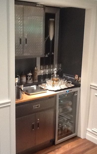 Picture of Bar In A Closet Closet Turned Into Bar, Bar In A Closet, Closet Into A Bar, Bar Closet, Modern Mid Century Kitchen, Mid Century Kitchen Remodel, Small Dining Room Table, Small Dining Room, Fabulous Kitchens