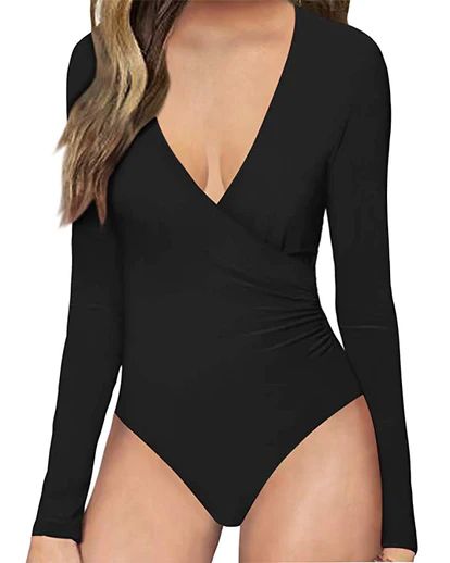 Amazon Reviewers Call These 42 Fashion Pieces Their Favorites In Their Wardrobe Popular Clothing Brands, Bodysuit Tops, Bodysuit Jumpsuit, Neck Deep, V Neck Bodysuit, Deep Plunge, Jumpsuit Online, Leather Shirt, Short Sleeve Bodysuit