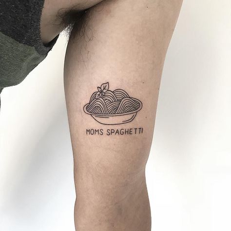 Moms spaghetti tattoo by Sasha But.maybe inked on the left bicep Spaghetti Tattoo, Moms Spaghetti, Brain Tattoo, Astronaut Tattoo, Good Tattoo Quotes, Food Tattoos, Red Spaghetti, Ankle Tattoos, Handpoke Tattoo