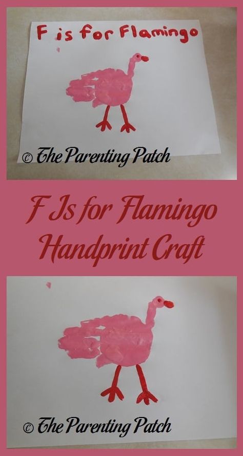 F Is for Flamingo Handprint Craft F For Family, F Letter Craft Preschool, Handprint Letter Crafts, F Projects For Preschool, F Craft Preschool, E Handprint Craft, Letter A Art For Toddlers Craft Ideas, Letter F Crafts For Preschool, Preschool Letter F Activities