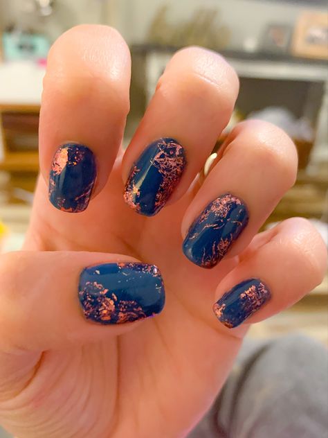 Copper And Blue Nails, Navy And Copper Nails, Blue And Copper Nails, Blue And Orange Nail Ideas, Aaliyah Nails, Blue And Coral Nails, Navy And Orange Nails, Nails Metallic Pink, Dark Summer Nails