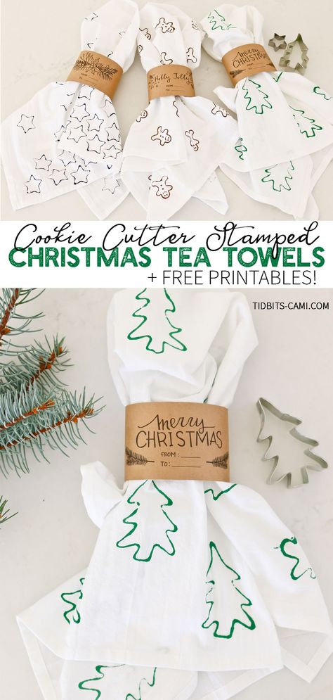 Darling Cookie Cutter Stamped Tea Towels the whole family can enjoy making for some fun DIY Holiday gifts. Free printable label wraps available. Video tutorial! #camitidbits #teatowels #christmasgift #christmasgifts #handmadeholidays #christmasteatowels Kids Tea Towel Crafts, Christmas Diy Tea Towels, How To Wrap Tea Towels As A Gift, Tea Towel Stamping Diy, Cost Effective Christmas Gifts, Flour Sack Towels Crafts For Kids, Hand Towel Christmas Gift Ideas, Stamping Tea Towels Diy, Stamped Dish Towels Diy