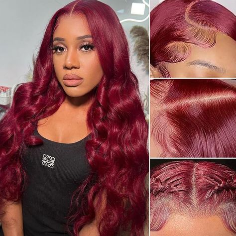 PRICES MAY VARY. Burgundy Lace Front Wigs Human Hair: 10A High Quality Brazilian 100% Unprocessed Virgin Human Hair 99j Color ,Natural and Healthy, Soft and Bouncy, No shedding &Tangle free. 99j Lace Front Wigs Human Hair Texture: 99j Body Wave Hair Wigs most fashion popular style,Can be dyed and curled, can be restyled as you wish, 20inch-30inch Available Burgundy 99j Body Wave Wig Lace Size: HD Transparent 13x4 Ear to Ear Burgundy 99j Body Wave lace front human hair wig free part big lace part Red Weave Hairstyles, Red Weave, Lace Front Wigs Human Hair, Wave Wig, Red Wigs, Wig Lace, Beautiful Wigs, Colored Wigs, Burgundy Hair