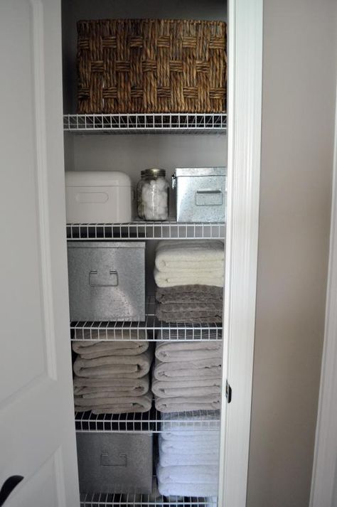 Organize A Linen Closet, Small Linen Closet Organization, Small Linen Closet, Linen Closet Makeover, Small Linen Closets, Coat Closet Organization, Declutter Closet, Organized Closet, Hallway Closet