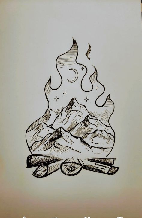 Fire On The Mountain Tattoo, Fire And Moon Tattoo, Moon And Fire Tattoo, Wildfire Tattoo Ideas, Moon Fire Tattoo, Camping Theme Tattoo, Camp Fire Sketch, Earth And Fire Tattoo, Camp Fire Tattoo Ideas