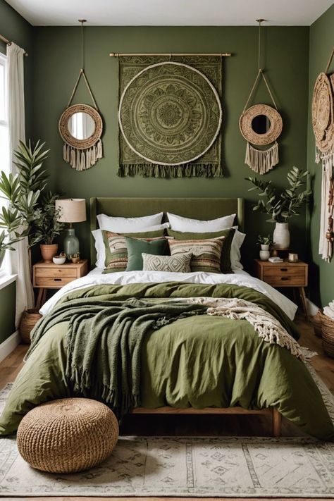 Get ready to unwind in your dreamy retreat! Discover 20 stunning olive green boho style bedroom ideas, featuring earthy tones, natural textures, and eclectic decor inspiration to create a cozy oasis. Click to explore and start designing your serene escape! Dark Green And Brown Bedroom Ideas, Emerald Green Aesthetic Bedroom, Olive Green Bedroom Color Scheme, Green Boho Room, Bedroom Boho Ideas, Olive Green Bedroom, Boho Style Bedroom Decor, Boho Style Bedroom Ideas, Olive Bedroom