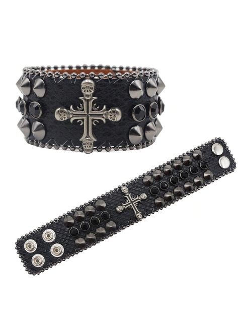 NEW Skull Cross Rhinestone Bracelet For Men & Women, Pu Band Hip-Hop Punk Style White Crystal Inlay Y2k Halloween Wristband Multicolor    Pu     Women Fashion Jewelry, size features are:Bust: ,Length: ,Sleeve Length: Y2k Halloween, Gothic Bracelet, Cream Contour, Moda Punk, Estilo Hip Hop, Cross Bracelet, Bracelet For Men, Punk Style, Rhinestone Bracelet