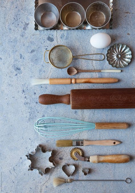 "Baking, Cooking And Kitchen Tools" by Stocksy Contributor "Nadine Greeff" Household Items Photography, Baking Stock Photos, Cooking Tools Aesthetic, Kitchen Flat Lay, Baking Moodboard, Kitchen Tools Photography, Kitchen Product Photography, Utensils Photography, Baking Essentials Tools