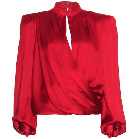 Kemeja Korea, Red Silk Top, Red Silk Blouse, High Neck Shirts, Balmain Clothing, Red Long Sleeve Shirt, Women Blouses Fashion, Red Blouse, Wrap Shirt