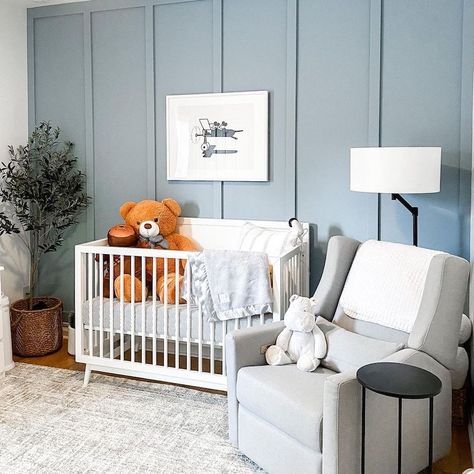 Beadboard Nursery, Boy Room Accent Wall, Beadboard Ideas, Light Blue Nursery, Baby Blue Nursery, Boy Room Paint, Nursery Paint Colors, Blue Nursery Boy, Nursery Accents