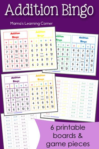 Printable Addition Bingo - Mamas Learning Corner Math Bingo, Learning Corner, Bingo For Kids, Free Homeschool Curriculum, Homeschool Freebies, Math Lesson Plans, Game Boards, Math Addition, Homeschool Math