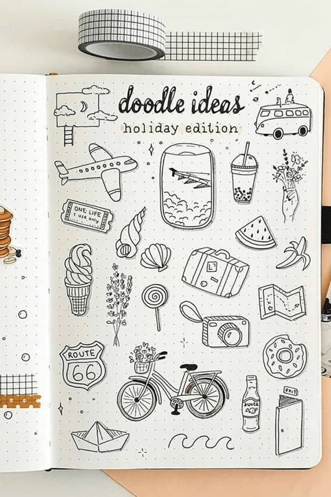 Travel Bullet Journal, Travel Doodles, Journal Ideas Templates, Doodles Ideas, Bujo Doodles, Arte Doodle, Travel Journal Scrapbook, Bullet Journal Ideas Templates, Bullet Journal Mood Tracker Ideas