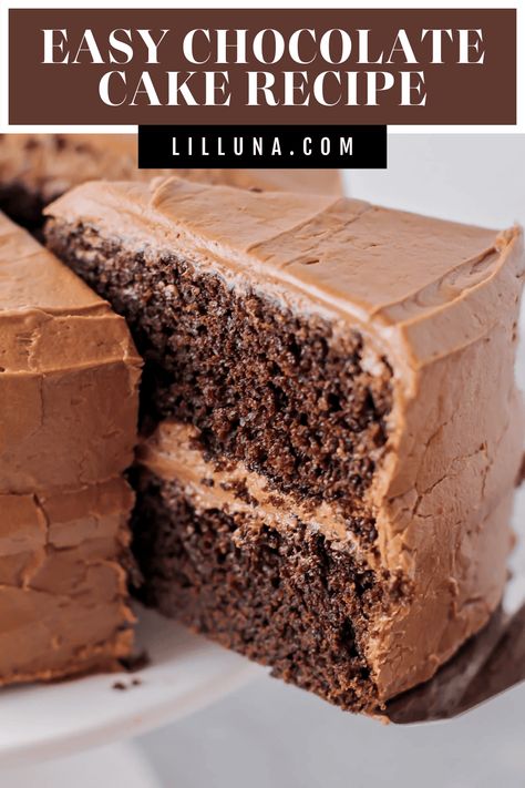 This deliciously easy chocolate cake recipe is topped with homemade chocolate frosting. This 2-layer cake is simple and decadent! #easychocolatecake #chocolatecake #chocolate #cake #twolayerchocolatecake Chocolate Birthday Cake Easy, Simple Birthday Cake Homemade, Chocolate Cake Homemade Easy, Layered Chocolate Cake Recipe, Easy Homemade Chocolate Cake, Chocolate Cake Simple, Birthday Cake Recipe Homemade, Simple Chocolate Cake Recipe, Chocolate Layer Cake Recipe