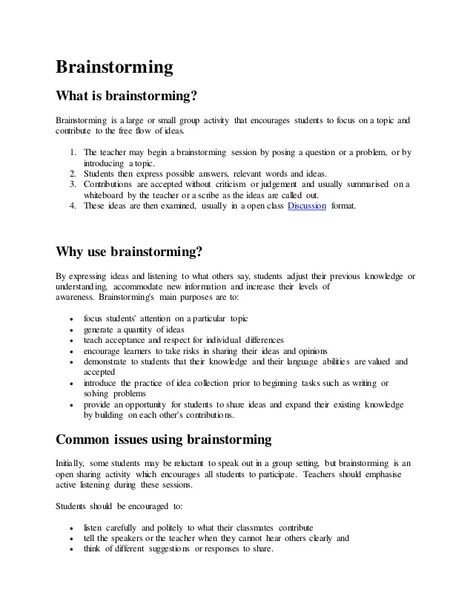 Brainstorming  What is brainstorming?  Brainstorming is a large or small group activity that encourages students to focus ... What Is Brainstorming, Small Group Activity, Small Group Activities, Group Activities, Building Ideas, Student Encouragement, 5th Grades, Team Building, Small Group