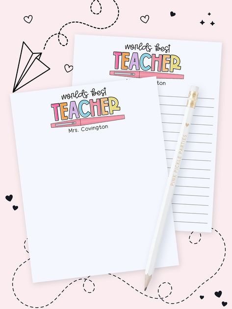 Personalized Teacher Notepads are a thoughtful way to celebrate and thank the teacher in your life.  TEACHER NOTEPAD DETAILS:  ∙ Size: 4.25" x 5.5" or 5.5" x 8.5" ∙ 50 Pages. ∙ 32 lb (120 gsm) premium paper. ∙ Gummed top with sturdy chipboard backing. ∙ Personalized, printed + shipped to you. ∙ Packaged in a clear cello bag ready to give as a gift. HOW TO ORDER: 1. Choose your notepad design from the drop down box.  2. Choose notepad size and lined or unlined from the 2nd drop down box.  3. Type Notepad Design, Appreciation Gifts Diy, Teacher Notepad, Teacher Appreciation Gifts Diy, Cute Teacher Gifts, Note Pad Design, Custom Notepad, Personalized Teacher Gifts, Teacher Planner