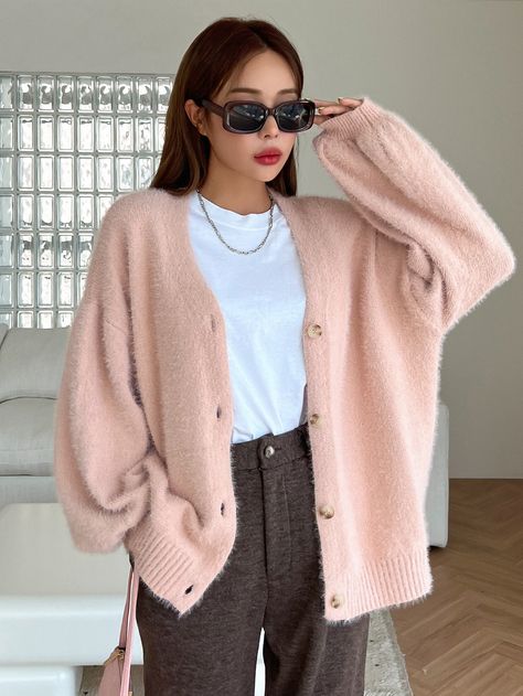 Pink Casual Collar Long Sleeve Fabric Plain Cardigan Embellished Medium Stretch  Women Knitwear Light Pink Cardigan Outfit, Pastel Pink Outfit, Pink Cardigan Outfit, Long Cardigan Outfit, Cardigan Rosa, Light Pink Cardigan, Fluffy Cardigan, Smart Casual Women, Outfit Cardigan