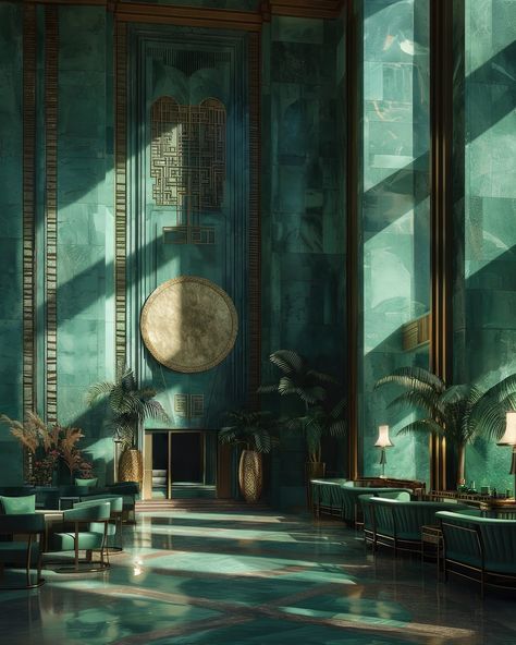 Art Deco Waiting Room, Green Marble Interior, Art Deco Hotel Lobby, Green And Gold Art Deco, Penthouse Exterior, Art Deco Mansion, Mood Architecture, Dark Art Deco, Art Deco Lobby