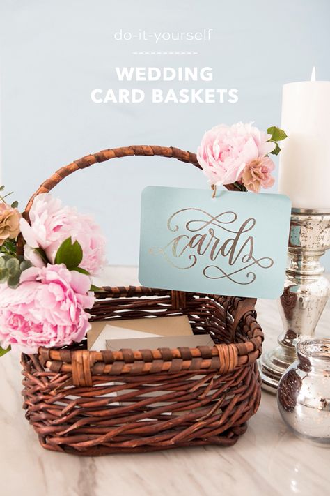 How to make the cutest wedding card baskets! Bridal Shower Card Basket Ideas, Wedding Cards Basket Ideas, Graduation Card Basket, Basket For Cards At Party, Card Basket For Wedding, Card Box Bridal Shower Diy, Basket For Cards At Wedding, Cards Basket Wedding, Basket For Wedding Cards