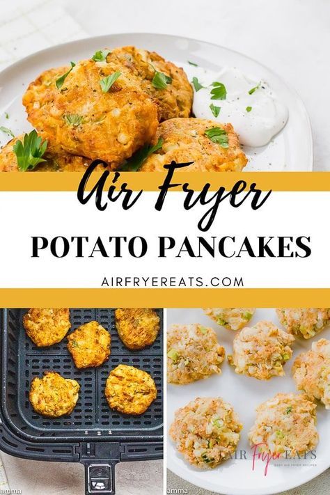 These crispy Air Fryer Potato Pancakes are the perfect next-day dish for leftover mashed potatoes! Try them as a side dish for dinner or brunch! #mashedpotatopancakes #airfryerpotatopancakes #leftoverpotatopancakes via @vegetarianmamma Potato Pancakes Recipe, Ninja Grill, Air Fryer Potato, Mashed Potato Pancakes, Potatoe Pancake Recipe, Yummy Dishes, Mashed Potato Recipes, Vegan Pancakes, Air Fryer Dinner Recipes