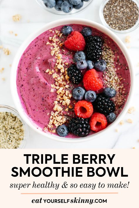 This Triple Berry Smoothie Bowl is creamy, delicious and super EASY to make with a variety of fun toppings and fresh fruit! Protein Smoothie Bowl Recipe, Smoothie Bowls Recipe Easy, Triple Berry Smoothie, Berry Protein Smoothie, Berry Smoothie Bowl, Bowl Recipes Easy, Protein Smoothie Bowl, Banana Smoothie Bowl, Strawberry Banana Smoothie