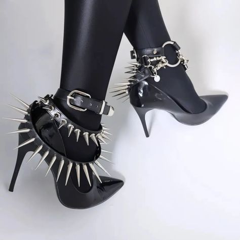 Yes, these are made to hurt - The heavy metal spiked leather collection is now live! This time I'm offering a limited number of designs and you have the option to choose from a wide variety of colors and materials. Check it out at www.kultchen.com #kultchen #alternativefashion #spiked #leatheraccessoires #leatherwear #bootstraps #studdedleather #alternativestyle #gothicclothing #veganaccessories #heels Spike Aesthetic, Shoes With Spikes, Spike Shoes, Battle Jacket, Metal Spikes, Boot Straps, Leather Wear, Tan Heels, Spike Heels