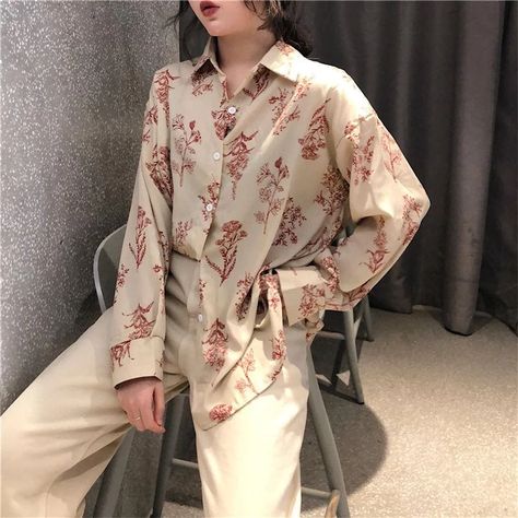 Herbal Illustration, Christmas Dress Women, Spring Fashion Casual, Floral Print Shirt, Loose Shirts, Flower Shirt, Loose Blouse, Chiffon Shirt, Grunge Style