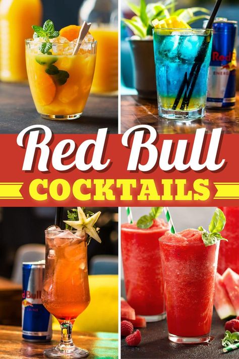 These Red Bull cocktails are so good and so simple! From a bull rider to Jager bombs to mojitos, you'll flip for these easy mixed drinks. Vodka Redbull Recipe, Red Bull Cocktails, Drink Recipes Vodka, Vodka Redbull, Red Juice Recipe, Mixed Drink Recipes, Vodka Red, Red Bull Drinks, Vodka Alcohol