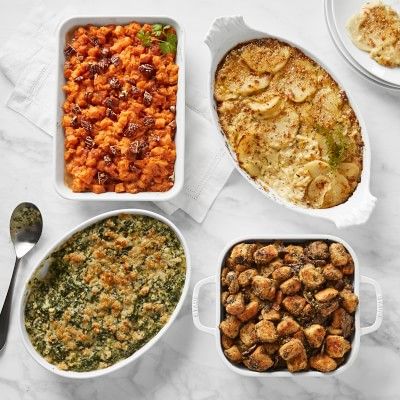 Complete Thanksgiving Sides Bundle #williamssonoma Williams Sonoma Thanksgiving, Gravy Mushroom, Thanksgiving Serving Dishes, Yam Casserole, Truffle Mashed Potatoes, Spinach Mac And Cheese, Classic Mashed Potatoes, Green Beans Almondine, Cauliflower Risotto