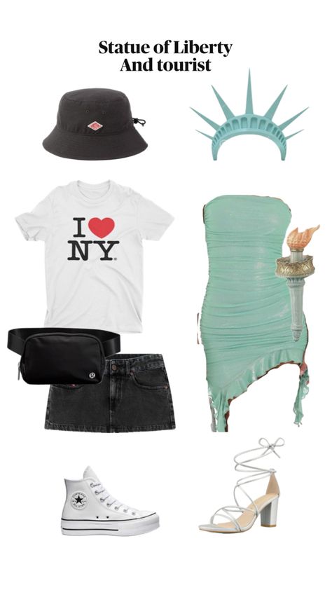 #nyc #statueofliberty #halloween #costume New York And Tourist Costume, Tourist And Statue Of Liberty Halloween Costume, Nyc Costume Ideas, Nyc Tourist Costume, I Love New York Halloween Costume, New York Tourist Costume, Nyc Tourist Halloween Costume, Halloween Costumes Duo 2024, Nyc Halloween Costumes