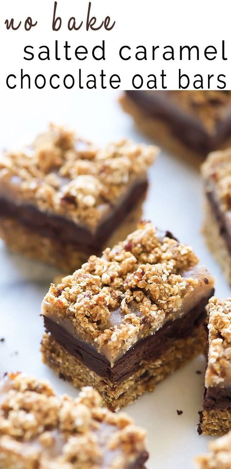 These No Bake Salted Caramel Chocolate Oat Bars come together with only 9… Carmelita Bars, Caramel Oatmeal, Chocolate Protein Bars, Dairy Free Treats, Bars Chocolate, Easy Oatmeal, Chocolate Oats, Salted Caramel Chocolate, Oat Bars