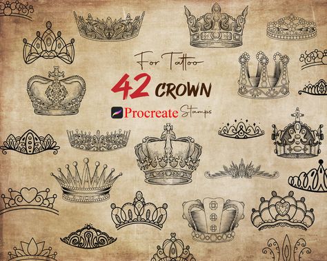 42 Procreate Crown Stamps, Crown For Tattoo, Princess Tiara Stamp, King and Queen Brushes, Royal Accessory Stamp, Realistic Crown Bundle       Set of crown procreate stamp brushes! These are perfect for adding to your tattoos, hand lettering or other illustration projects. You can use these in any color or opacity and they can be resized to best fit your art.       Your purchase includes 2 .brushset file containing different stamp brushes. You will receive 42 stamp brushes totally. INSTANT DOWNL Queen Crowns Tattoos, Queen And Princess Tattoo, Queen Crown Tattoos For Women, Simple Queen Crown Tattoo, Prince Crown Tattoo, Princess Tiara Tattoo, Top Hat Tattoo, Princess Crown Tattoo, King And Queen Crown Tattoo