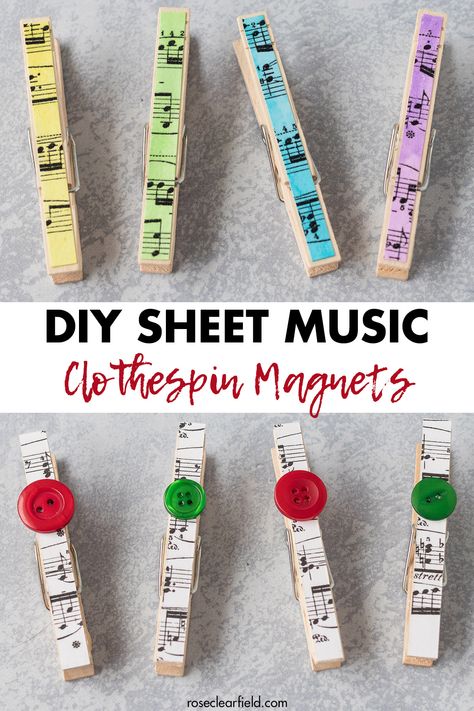 Teacher Gifts Diy, Homemade Magnets, Music Greeting Cards, Homemade Gift Idea, Clothespin Magnets, Sheet Music Crafts, Scrapbook Embellishments Diy, Christmas Clothespins, Music Crafts