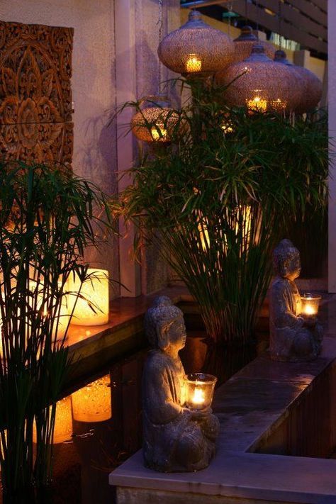 calming outdoor ambiance: Front Yard Lighting, Bali Garden, Balinese Garden, Deco Zen, Landscape Gardening, Buddha Garden, Bilik Mandi, Meditation Garden, Diy Backyard Landscaping