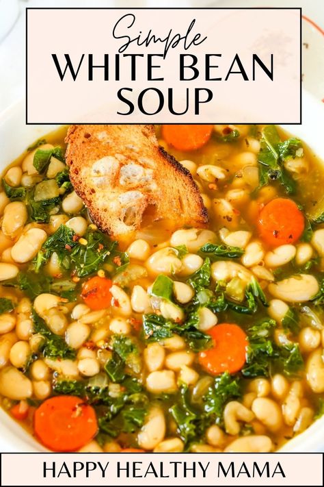 a bowl of white bean soup with carrots and a slice of bread White Bean Lunch Ideas, White Bean Soup Healthy, White Bean Minestrone Soup, White Bean Soup Recipes Healthy, White Bean Spinach Soup, White Bean And Spinach Soup, Low Histamine Recipes, Paleo Soup Recipe, Soup Recipe Vegan