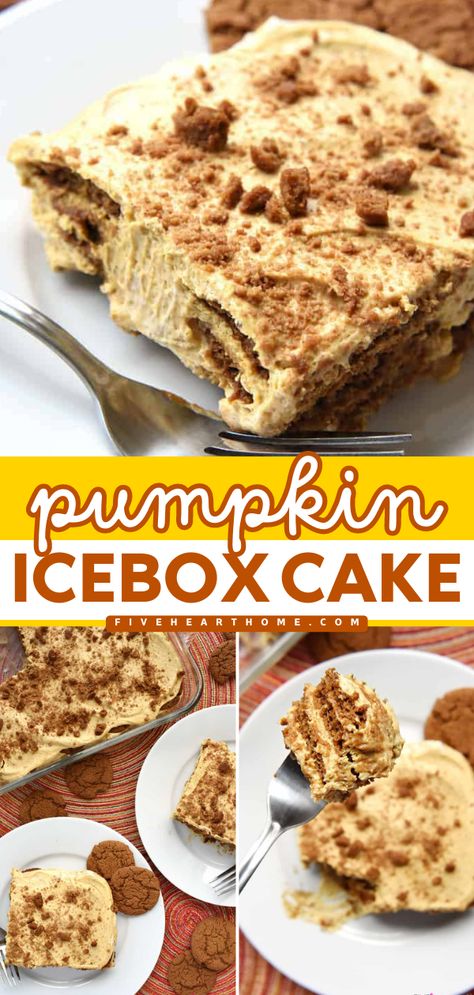 Look forward to this sweet pumpkin recipe! Made with cream cheese, whipped cream, and gingersnap cookies, this Pumpkin Icebox Cake is delicious. Save this easy fall recipe and enjoy this simple dessert! Gingersnap Pumpkin Dessert, Dessert With Ginger Snaps, Pumpkin Dessert With Ginger Snap Crust, Ginger Snap Dessert Recipes, Ginger Snap Desserts, Pumpkin Gingersnap Dessert, Pumpkin Icebox Cake, Roasted Pumpkin Recipes, Sweet Pumpkin Recipes