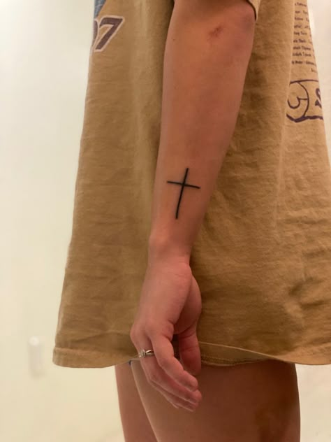 Cross Tricep Tattoo Men, Men’s Forearm Tattoos God, Christian Mens Tattoo, Hand Tattoos Christian, Christian Knee Tattoo, Male Christian Tattoos, Cross On Forearm Tattoo, Simple Religious Tattoos, Men Forearm Tattoos Ideas Design