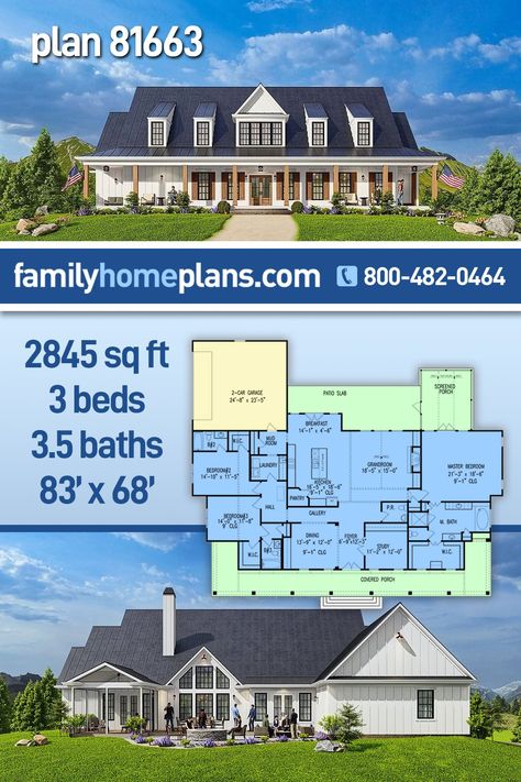 Country, Farmhouse Style House Plan 81663 with 2845 Sq Ft, 3 Bed, 4 Bath, 2 Car Garage House Plan With Big Windows, House Plans With Screened Porch, Classic House Plans, Southern Style House, Grand Room, Southern Style House Plans, Southern Living House Plans, Porch House Plans, Southern House