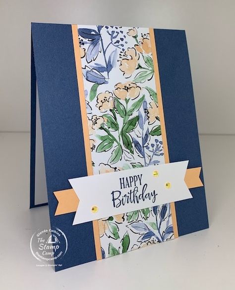 A Happy Birthday card with the gorgeous Hand Penned Designer Series Paper from STampin' UP! You can easily create 12 cards just like this from 1 sheet of designer paper. #onesheetwonder #thestampcamp #stampinup Designer Paper Cards, Card With Flowers, Stampin Up Birthday Cards, Simple Birthday Cards, Card Decoration, Hand Made Greeting Cards, Karten Design, Making Greeting Cards, Su Cards