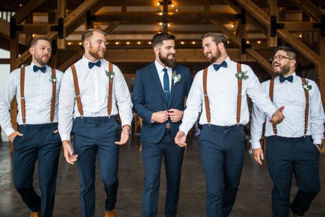 Groomsmen Attire Groom Different, Navy Pants Groomsmen, Groomsman Outfit Ideas, Dusty Rose Groomsmen Pants, Groomsmen Outfits Navy, Groomsmen Attire Pink Wedding, Groomsman Suspenders And Bowties, Navy Blue Groomsmen Attire, Navy Blue Groomsmen Suits Color Combos