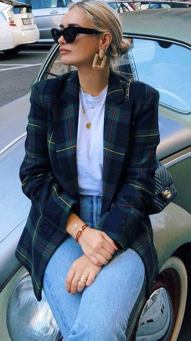 Blue And Green Plaid Blazer Outfit, Green Tartan Blazer Outfit, Tartan Suit Women, Green Checkered Blazer Outfit, Blue Plaid Blazer Outfits For Women, Tartan Blazer Outfit Women, Green Plaid Blazer Outfit, Blue Plaid Jacket Outfit, Blue Plaid Blazer Outfit