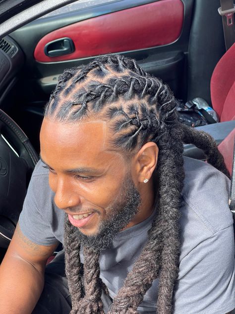 Braid Styles For Dreads For Men, Male Dreadlock Hairstyles Long, Male Long Locs Hairstyles Black Man, Braided Ponytail Hairstyles Men, Retwist Locs Style Men Long, Masculine Loc Styles, Men Lock Styles, Male Loc Styles Long, Dreadlock Braid Styles Men