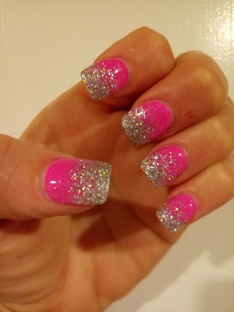 Hot pink & silver glitter ombre nails Hot Pink Nails With Silver Glitter, Hot Pink Nails Glitter Tips, Hot Pink Silver Nails, Hot Pink And Silver Nails Prom, Silver And Hot Pink Nails, Hot Pink Nails With Sparkle, Pink And Silver Ombre Nails, Hot Pink Wedding Nails, Hot Pink Nails With Design Glitter