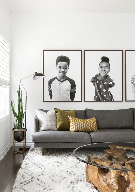 Photo Wall Big Pictures, Living Room Decor Big Wall, Family Potraits Idea Living Room, Portrait And Landscape Photo Wall, Big Wall Pictures Living Room, Big Photos On Wall Living Room, Modern Family Photo Wall Living Room, Big Gallery Wall Living Room, Pictures On Wall Ideas Living Room