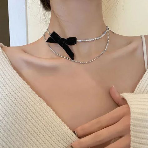 Women Summer Fashion Black Butterfly Pendant Necklace Bead Opal Chain Shiny Trendy Temperament Black Ribbon Choker, Women Choker Necklace, Black Velvet Bow, Korean Jewelry, Womens Chokers, Double Strand Necklace, Ribbon Necklace, Party Necklace, Black Choker