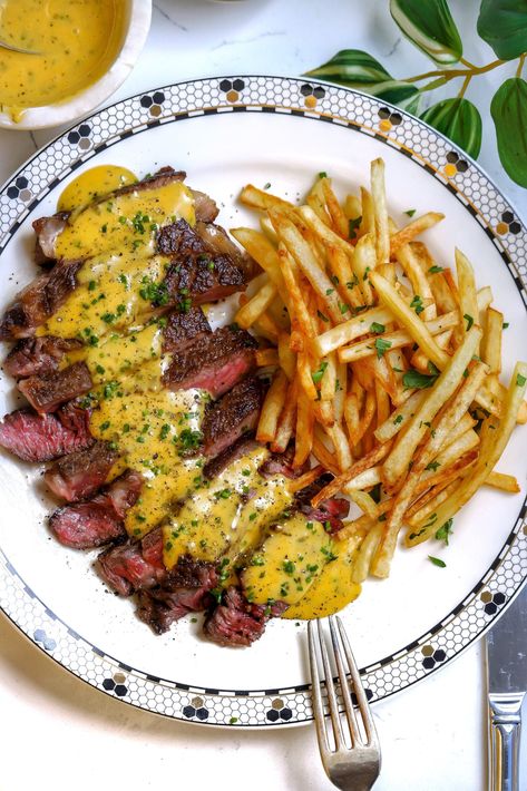 Steak Frites Steak Frites With Bearnaise, French Steak Frites Recipe, Steak Frites Recipe Sauces, Steak Frites With Chimichurri, Asian Ribeye Steak Recipes, Steak And Frites Paris, Steak Frites Sauce, Fall Steak Dinner Ideas, Steak And Fries Dinner