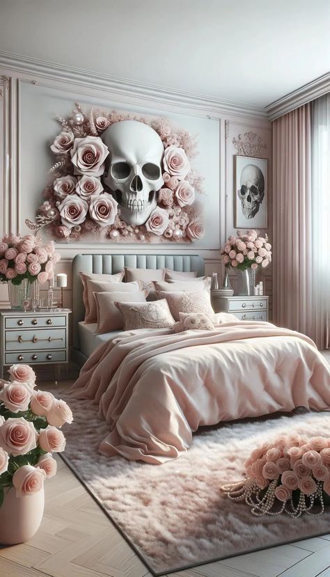 Transform your cozy corner 🏠 into a captivating panorama with our unique bedroom ideas! Cherish life's duality with our theme that incorporates skulls💀, blushing pink roses🌹, and pearls for a luxurious touch. Revel in the elegance of design that tells a tale of intertwined life elements. Evoke a sense of beauty and mystery with every glance. Recreate this exquisite escape in your home! #DreamySkullDesigns Real Bedroom Ideas, Diy Gothic Decor Bedroom, Corner Beds Ideas, Creepy Bedroom Aesthetic, Creepy Room Aesthetic, Fancy Bedroom Luxury, Romantic Goth Room, Unique Wall Ideas, Skull Bedroom