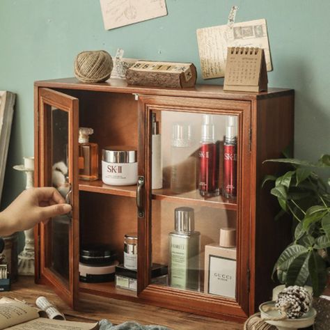 Minimalist Makeup Storage, Makeup Shelf, Retro Shelves, Makeup Shelves, Perfume Storage, Shelf Holder, Wooden Storage Cabinet, Cheap Storage, Glass Cabinet Doors